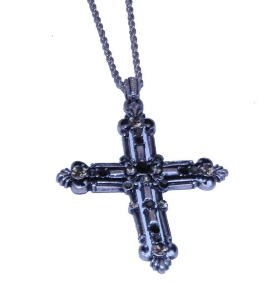 Cross Necklace with Black Rhinestones & Matching Earrings