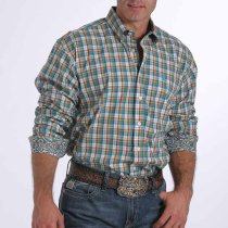 Cinch White and Teal Plaid Western Shirt L