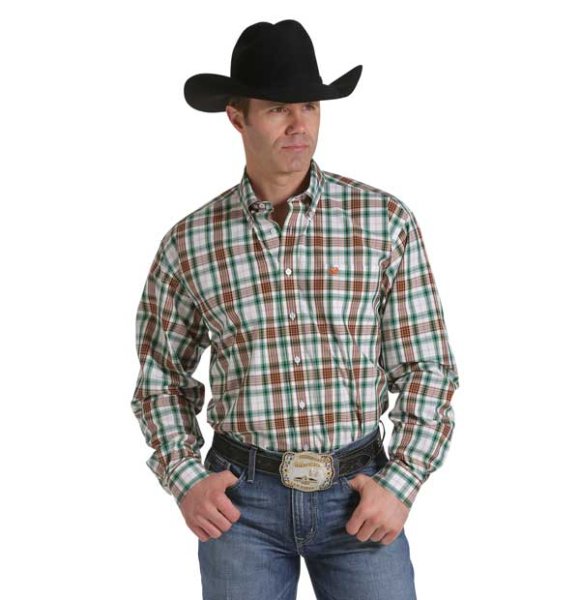 Cinch Orange Green Plaid Men's Shirt L