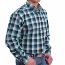 Cinch Teal Multi Plaid Button Down Shirt M