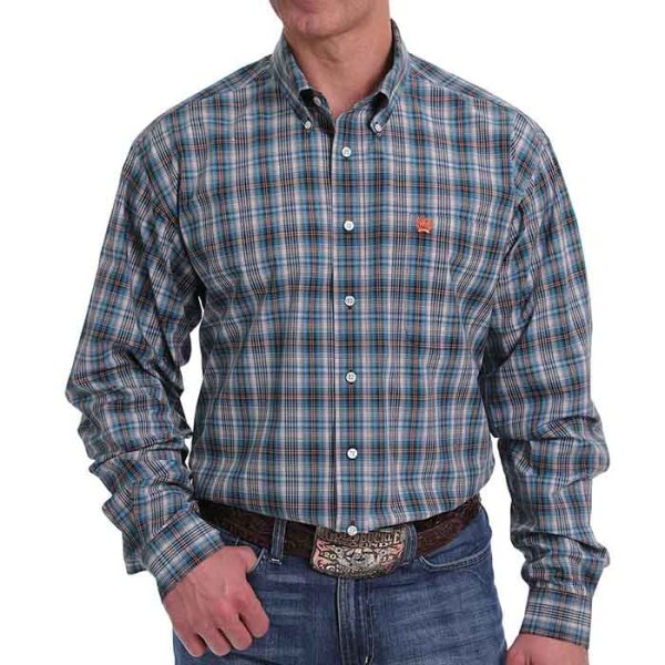 Cinch Blue/Navy/Orange Plaid Button Down L