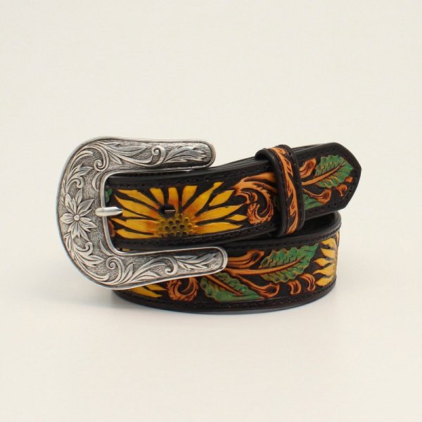 Nocona Girls Sunflower Tooled Black Belt 24