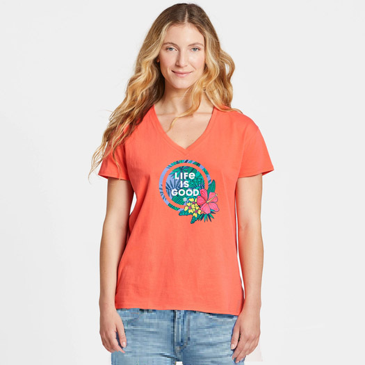 Life is Good Tropical Hibiscus Relaxed V-neck Tee L