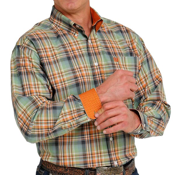 Cinch Mens Green Plaid Button-Down Shirt L