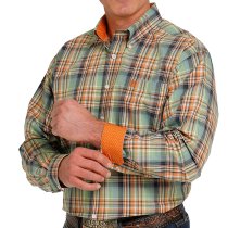 Cinch Mens Green Plaid Button-Down Shirt L