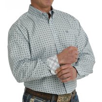Cinch Button Down Shirt for Men - Light Blue Print