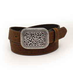 Ariat Floral Embossed Belt with Fillagree & Crystal Buckle