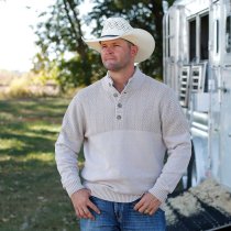 Cinch Men’s Cream Button Sweater MWK1932001 with tortoise buttons and herringbone knit – front view