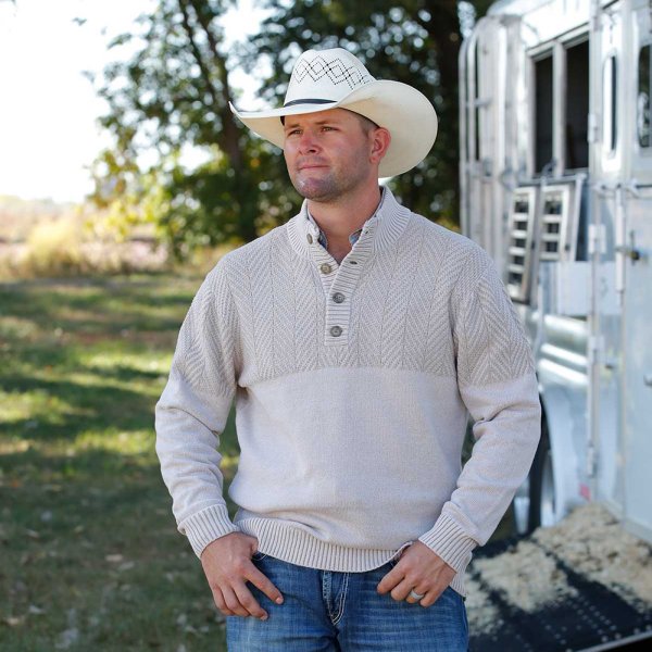 Cinch Men’s Cream Button Sweater MWK1932001 with tortoise buttons and herringbone knit – front view