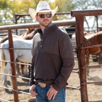 Cinch Men’s Brown Button Sweater MWK1932002 front view – rich brown knit with chevron yoke and ¼-button placket