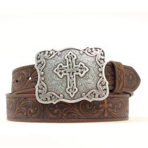 Nocona Ladies Tooled Belt with Western Belt Buckle with Cross